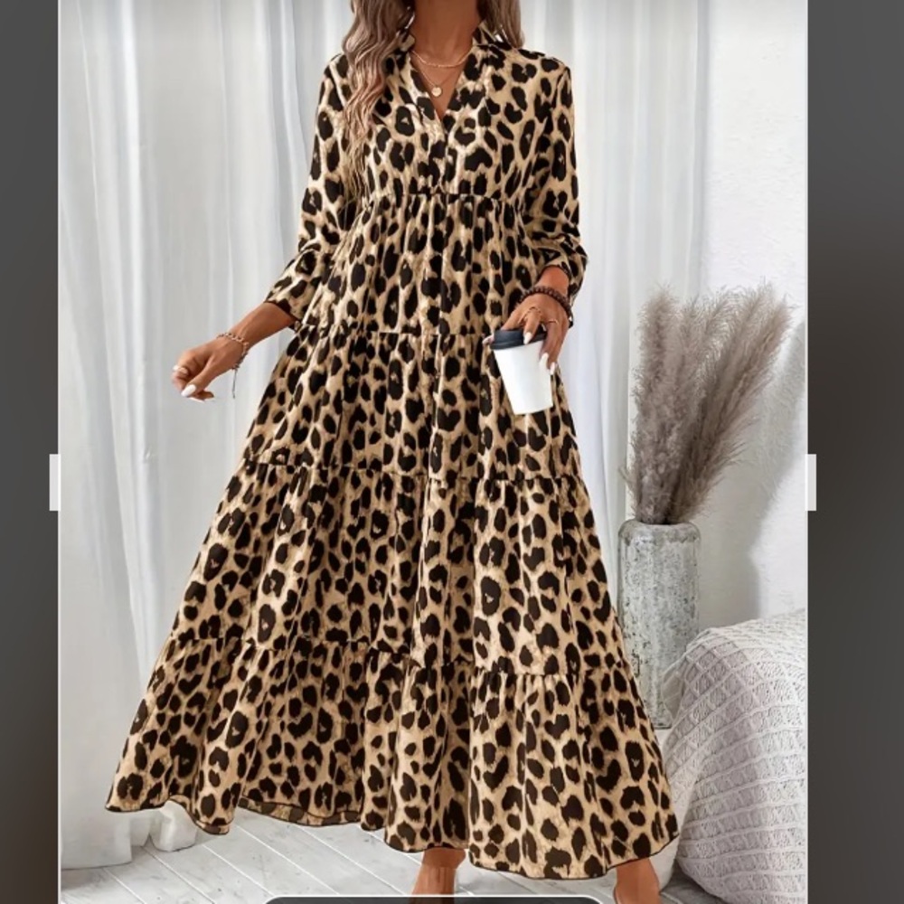 Tan Leopard Print Maxi Sundress with Bishop Sleeves